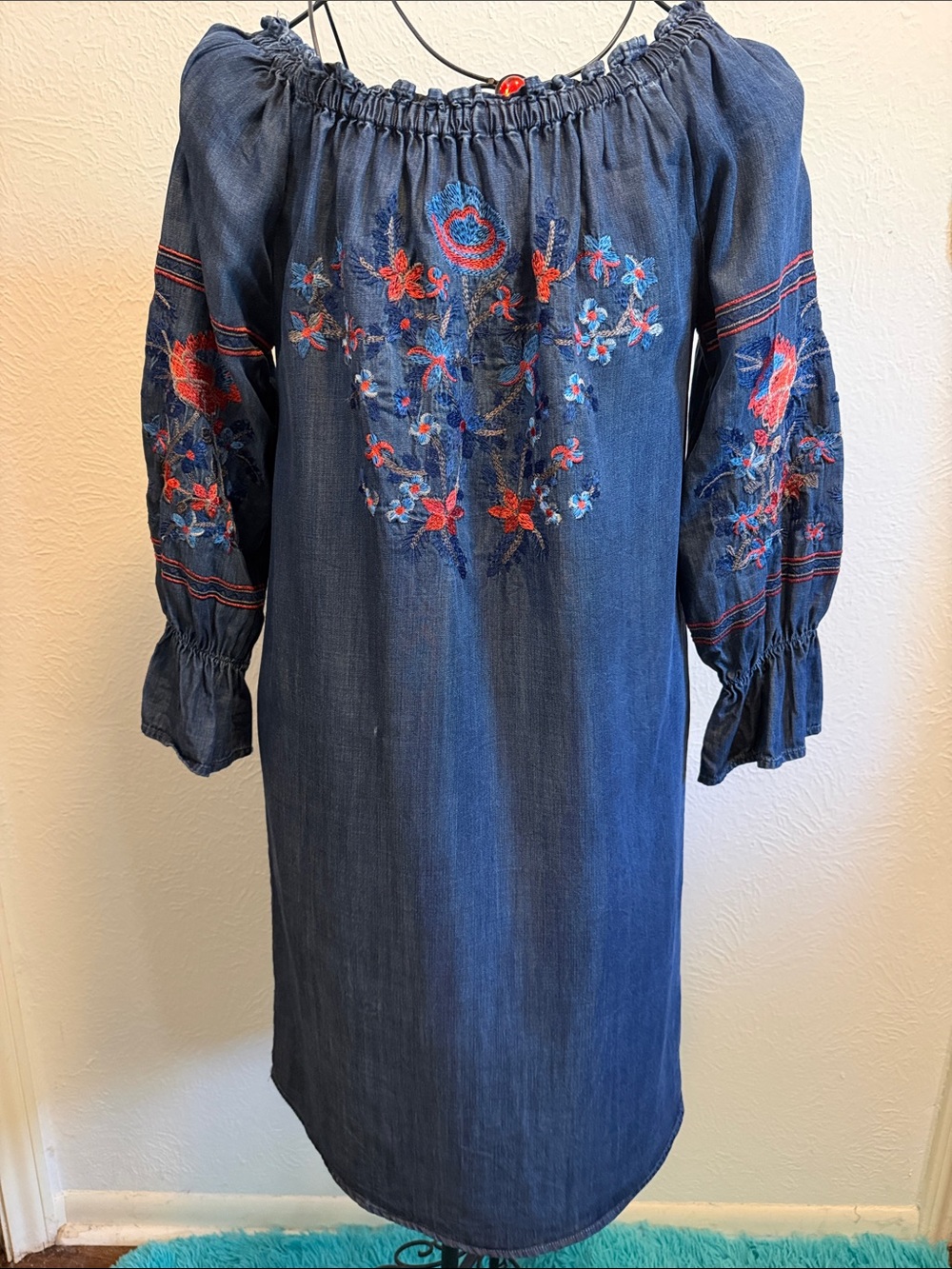 💙💙💙BOGOHO💙💙💙Philosophy Off-Shoulder Embroidered Chambray Dress --M